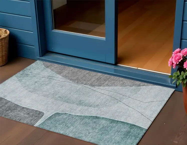 3' X 5' Teal Blue Aqua And Gray Abstract Washable Indoor Outdoor Area Rug