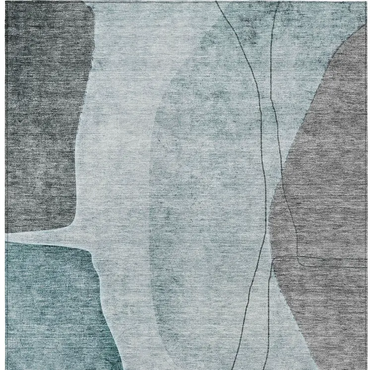 3' X 5' Teal Blue Aqua And Gray Abstract Washable Indoor Outdoor Area Rug