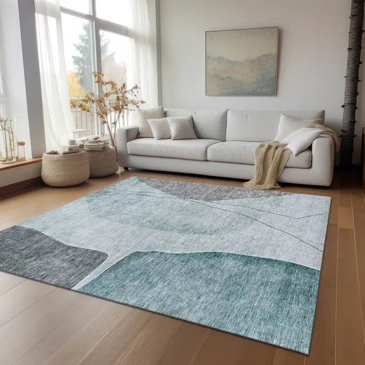 3' X 5' Teal Blue Aqua And Gray Abstract Washable Indoor Outdoor Area Rug