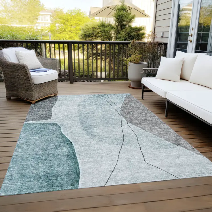 5' X 8' Teal Blue Aqua And Gray Abstract Washable Indoor Outdoor Area Rug