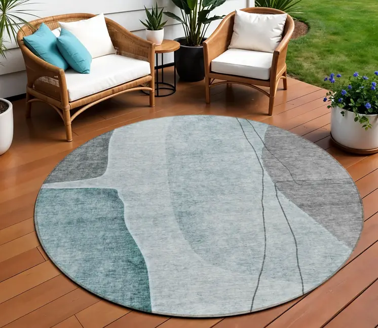 8' Teal Blue Aqua And Gray Round Abstract Washable Indoor Outdoor Area Rug
