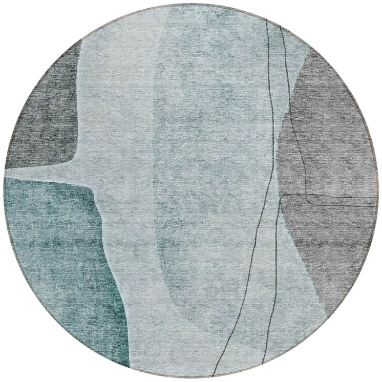 8' Teal Blue Aqua And Gray Round Abstract Washable Indoor Outdoor Area Rug