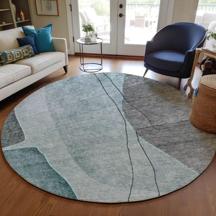 8' Teal Blue Aqua And Gray Round Abstract Washable Indoor Outdoor Area Rug