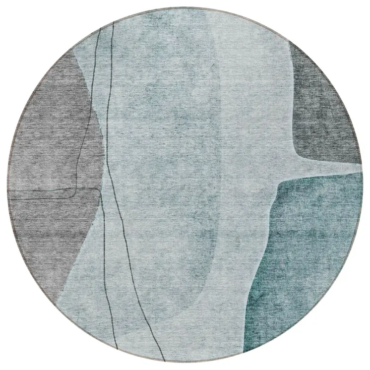 8' Teal Blue Aqua And Gray Round Abstract Washable Indoor Outdoor Area Rug
