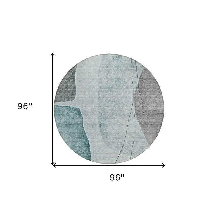 8' Teal Blue Aqua And Gray Round Abstract Washable Indoor Outdoor Area Rug
