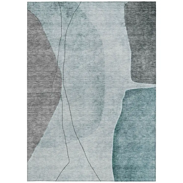 9' X 12' Teal Blue Aqua And Gray Abstract Washable Indoor Outdoor Area Rug