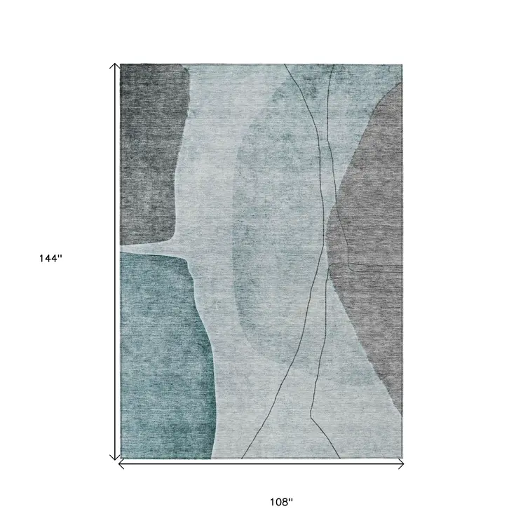 9' X 12' Teal Blue Aqua And Gray Abstract Washable Indoor Outdoor Area Rug