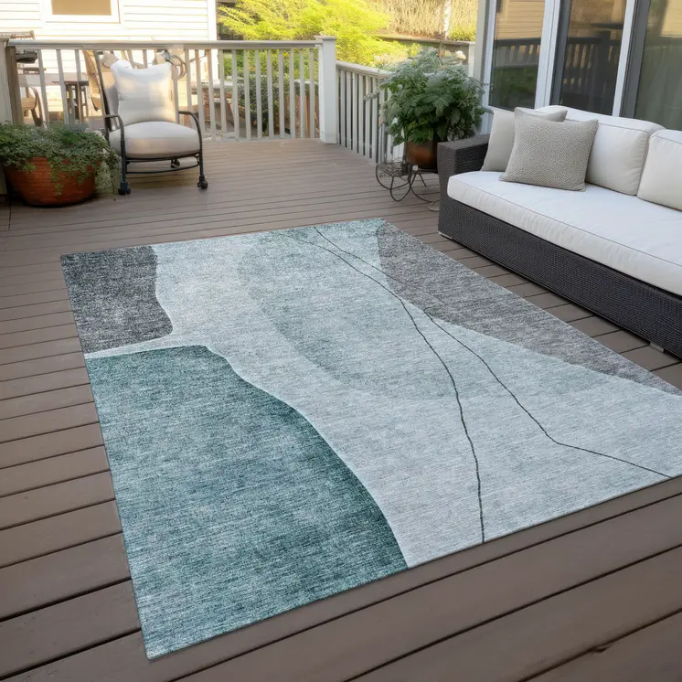 9' X 12' Teal Blue Aqua And Gray Abstract Washable Indoor Outdoor Area Rug