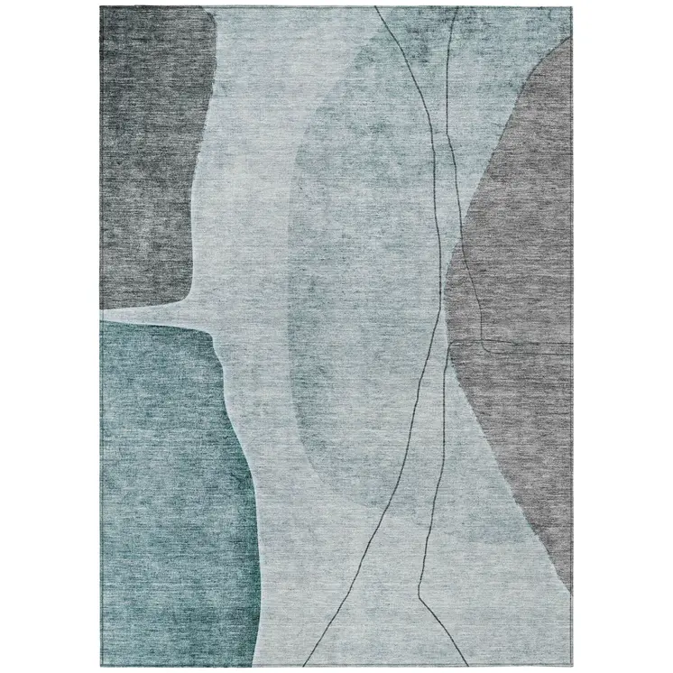 9' X 12' Teal Blue Aqua And Gray Abstract Washable Indoor Outdoor Area Rug
