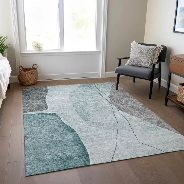 9' X 12' Teal Blue Aqua And Gray Abstract Washable Indoor Outdoor Area Rug