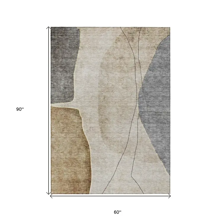 5' X 8' Taupe Beige And Gray Abstract Washable Indoor Outdoor Area Rug