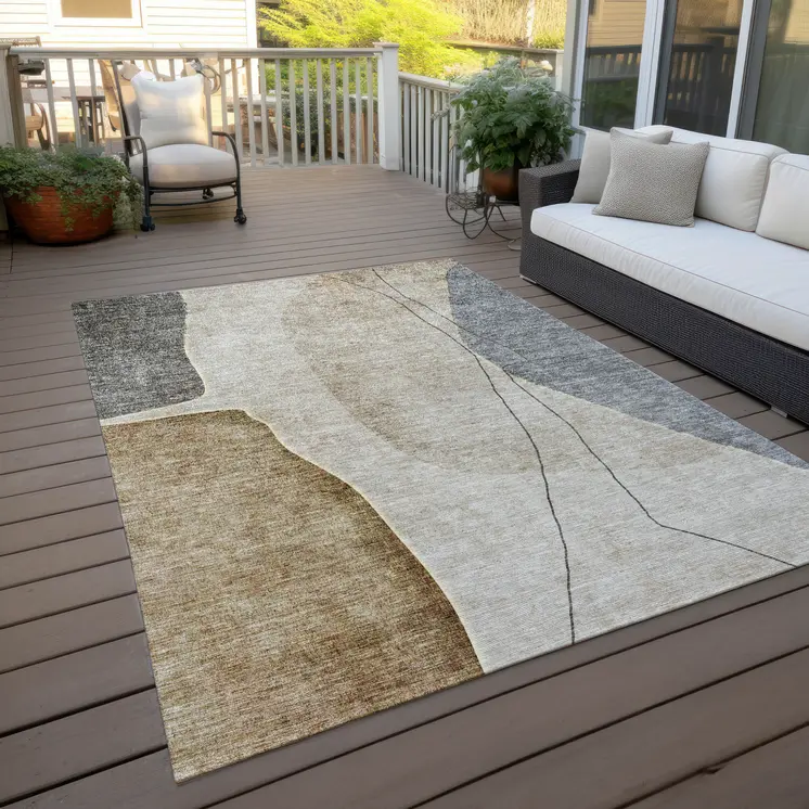 5' X 8' Taupe Beige And Gray Abstract Washable Indoor Outdoor Area Rug
