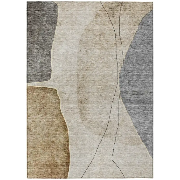 5' X 8' Taupe Beige And Gray Abstract Washable Indoor Outdoor Area Rug