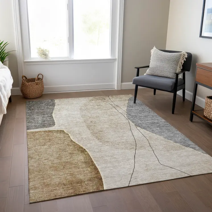 5' X 8' Taupe Beige And Gray Abstract Washable Indoor Outdoor Area Rug