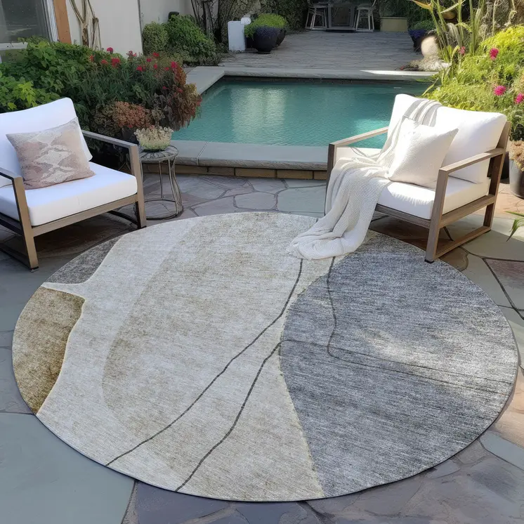 8' Taupe Beige And Gray Round Abstract Washable Indoor Outdoor Area Rug