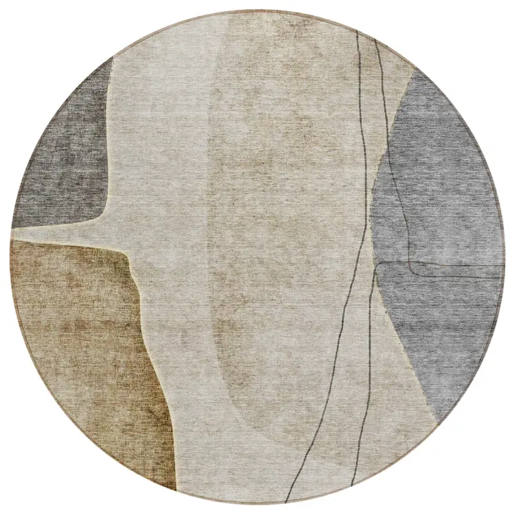 8' Taupe Beige And Gray Round Abstract Washable Indoor Outdoor Area Rug
