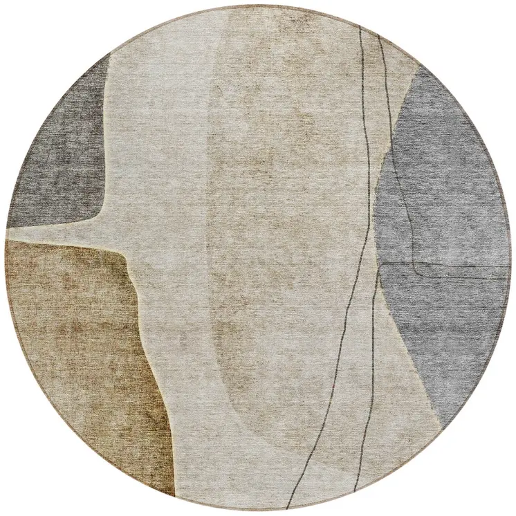 8' Taupe Beige And Gray Round Abstract Washable Indoor Outdoor Area Rug