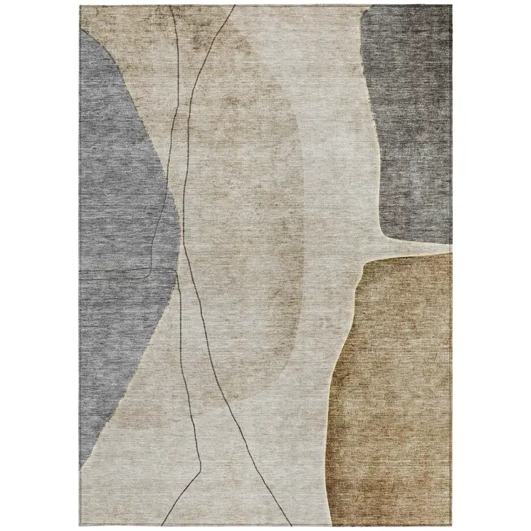 10' X 14' Taupe Beige And Gray Abstract Washable Indoor Outdoor Area Rug