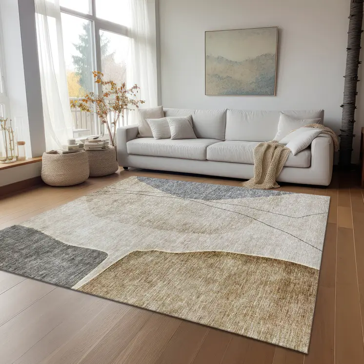 10' X 14' Taupe Beige And Gray Abstract Washable Indoor Outdoor Area Rug
