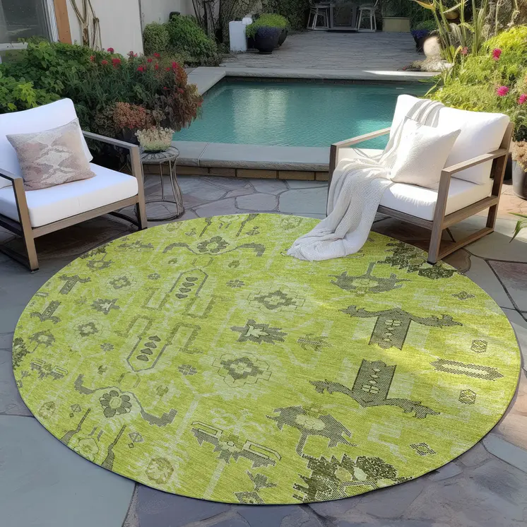 8' Artichoke Green And Fern Green Round Oriental Washable Indoor Outdoor Area Rug
