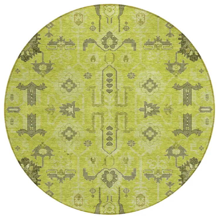 8' Artichoke Green And Fern Green Round Oriental Washable Indoor Outdoor Area Rug
