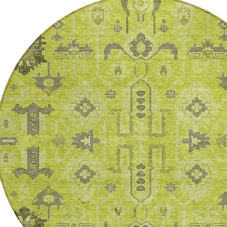 8' Artichoke Green And Fern Green Round Oriental Washable Indoor Outdoor Area Rug