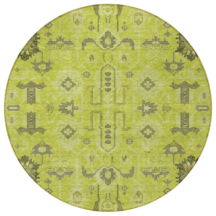 8' Artichoke Green And Fern Green Round Oriental Washable Indoor Outdoor Area Rug