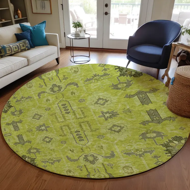 8' Artichoke Green And Fern Green Round Oriental Washable Indoor Outdoor Area Rug