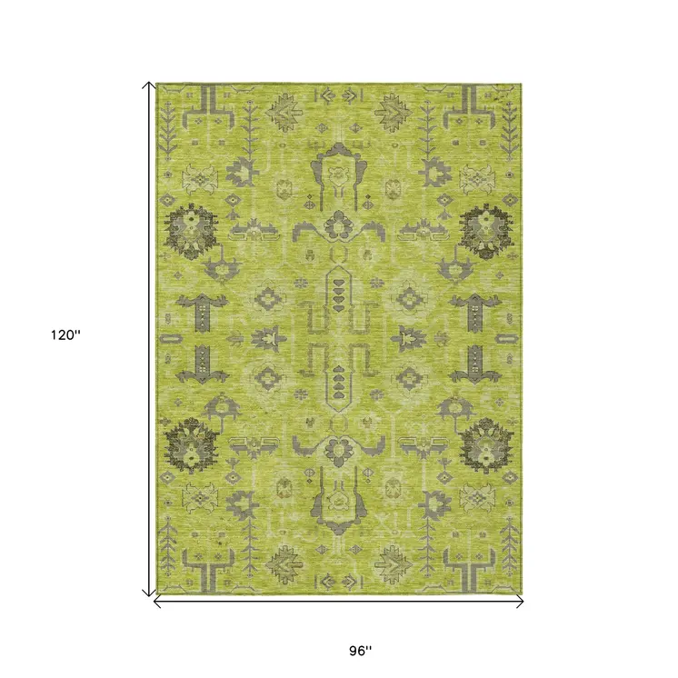 8' X 10' Artichoke Green And Fern Green Oriental Washable Indoor Outdoor Area Rug