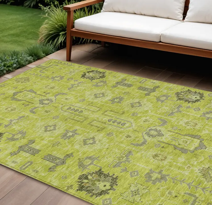 8' X 10' Artichoke Green And Fern Green Oriental Washable Indoor Outdoor Area Rug