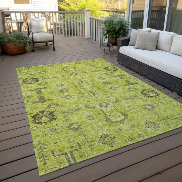 8' X 10' Artichoke Green And Fern Green Oriental Washable Indoor Outdoor Area Rug