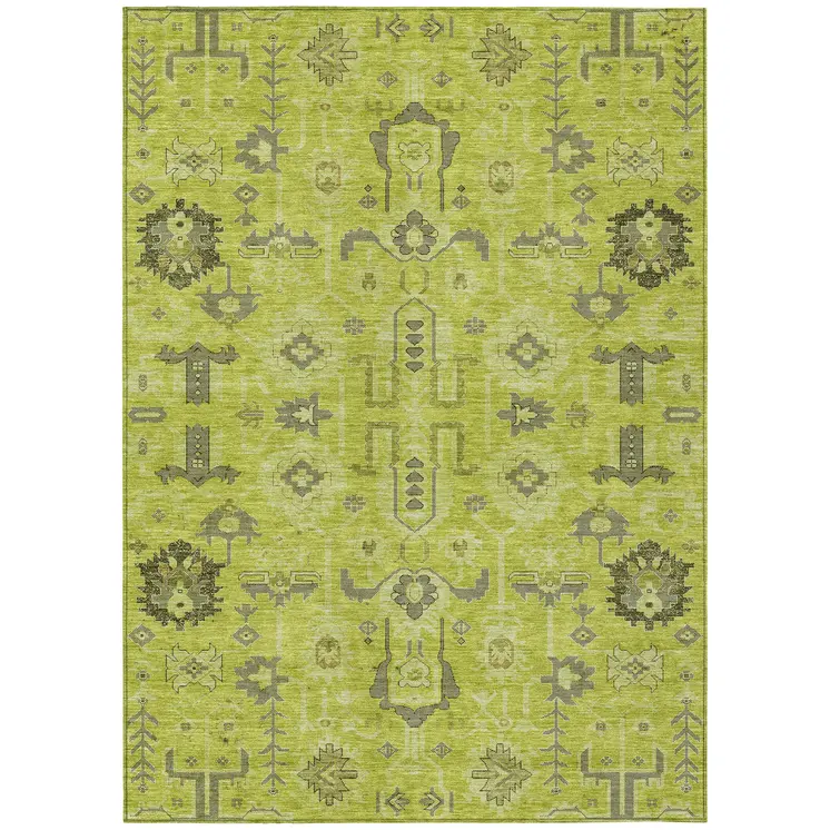 8' X 10' Artichoke Green And Fern Green Oriental Washable Indoor Outdoor Area Rug