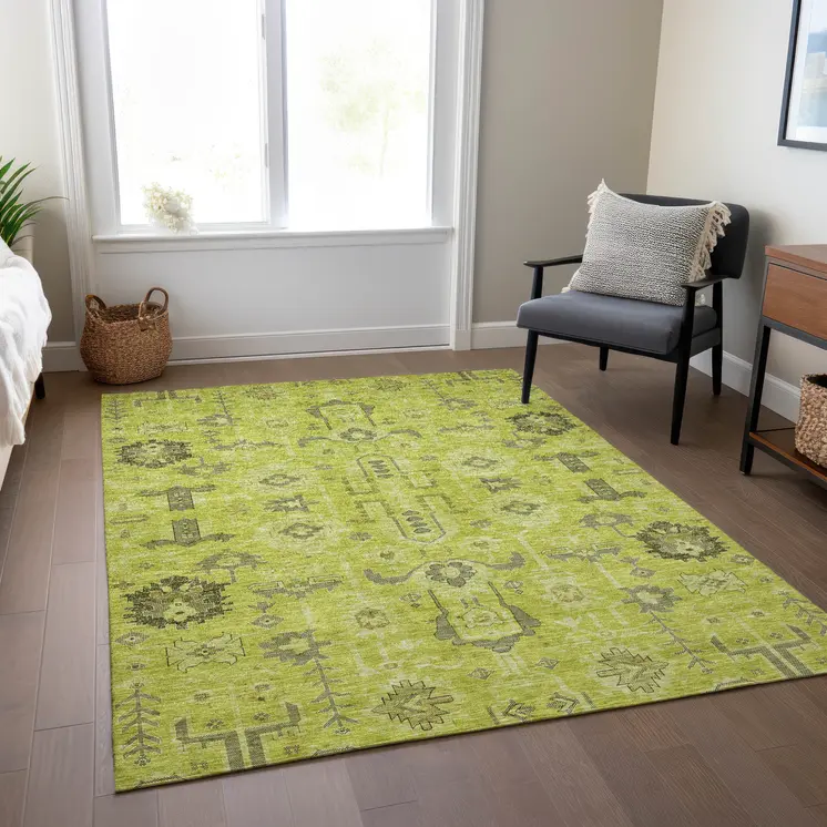 8' X 10' Artichoke Green And Fern Green Oriental Washable Indoor Outdoor Area Rug