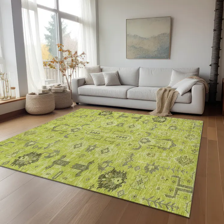 8' X 10' Artichoke Green And Fern Green Oriental Washable Indoor Outdoor Area Rug