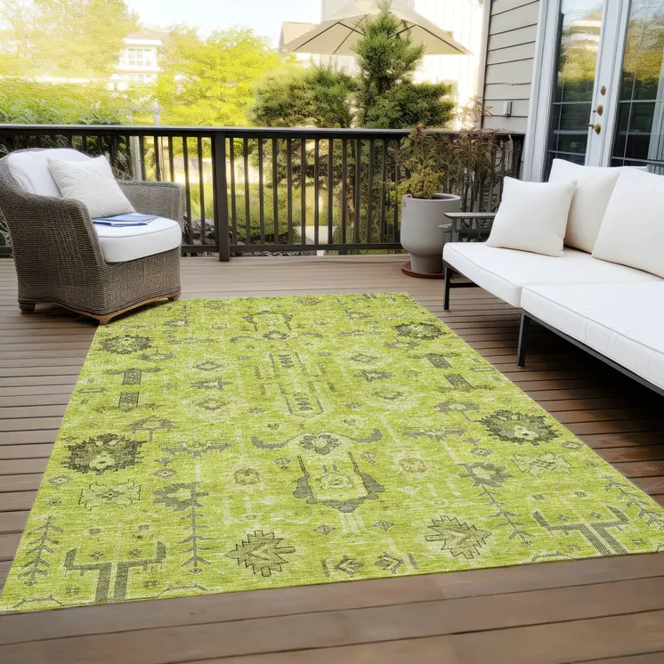 8' X 10' Artichoke Green And Fern Green Oriental Washable Indoor Outdoor Area Rug