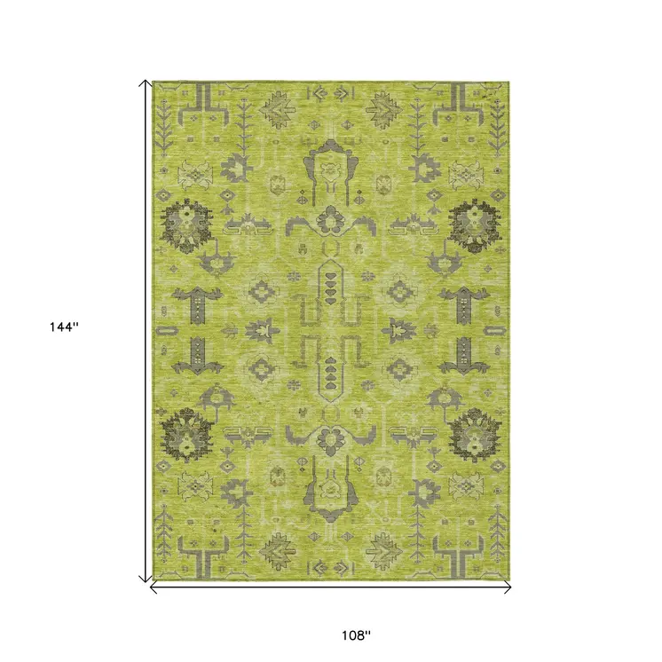 9' X 12' Artichoke Green And Fern Green Oriental Washable Indoor Outdoor Area Rug