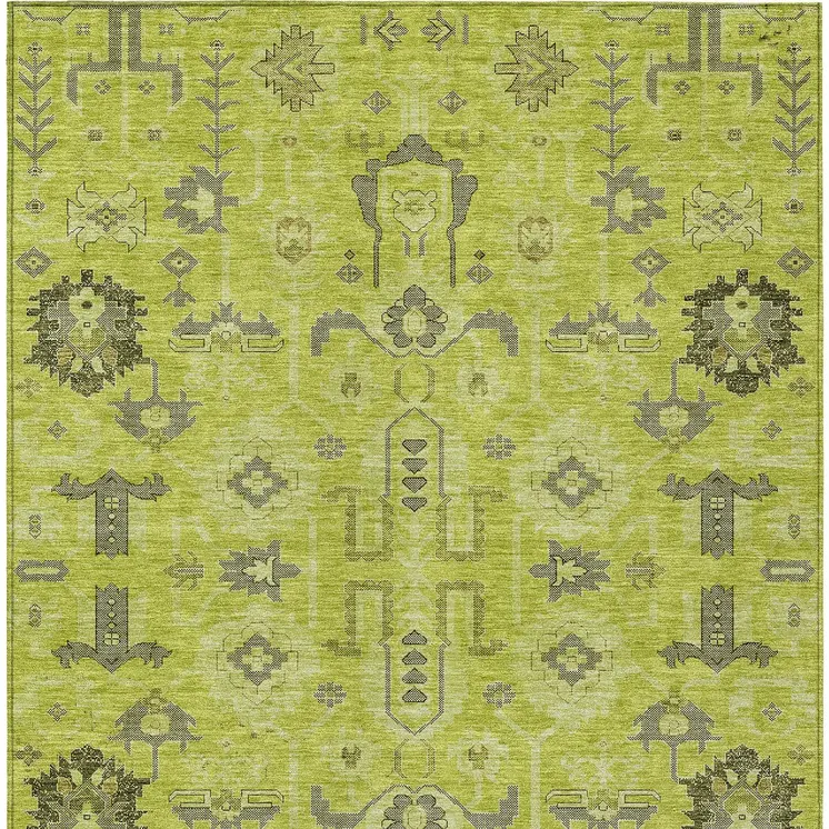 9' X 12' Artichoke Green And Fern Green Oriental Washable Indoor Outdoor Area Rug