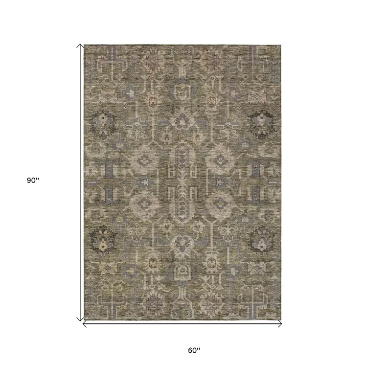 5' X 8' Brown Gray And Charcoal Oriental Washable Indoor Outdoor Area Rug