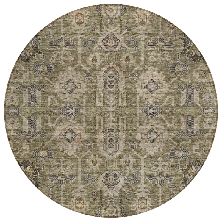 8' Brown Gray And Charcoal Round Oriental Washable Indoor Outdoor Area Rug