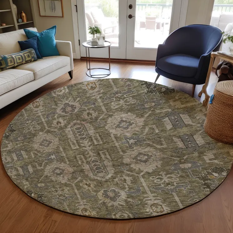 8' Brown Gray And Charcoal Round Oriental Washable Indoor Outdoor Area Rug