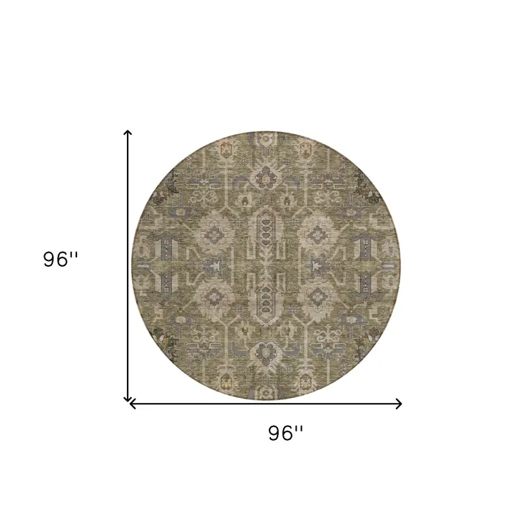 8' Brown Gray And Charcoal Round Oriental Washable Indoor Outdoor Area Rug