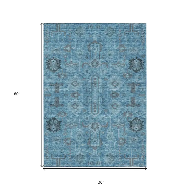 3' X 5' Sky Blue And Gray Oriental Washable Indoor Outdoor Area Rug
