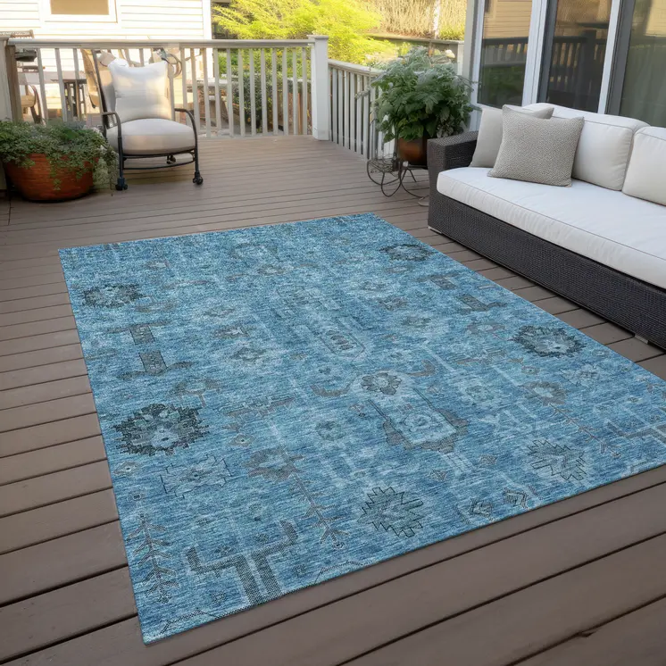 3' X 5' Sky Blue And Gray Oriental Washable Indoor Outdoor Area Rug