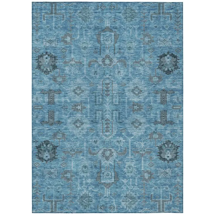 3' X 5' Sky Blue And Gray Oriental Washable Indoor Outdoor Area Rug