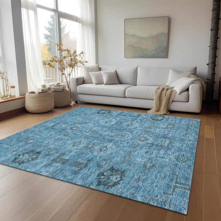 3' X 5' Sky Blue And Gray Oriental Washable Indoor Outdoor Area Rug