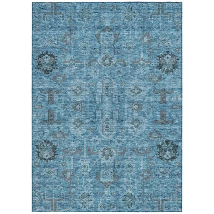 8' X 10' Sky Blue And Gray Oriental Washable Indoor Outdoor Area Rug