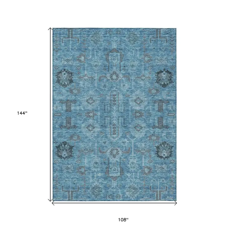 9' X 12' Sky Blue And Gray Oriental Washable Indoor Outdoor Area Rug