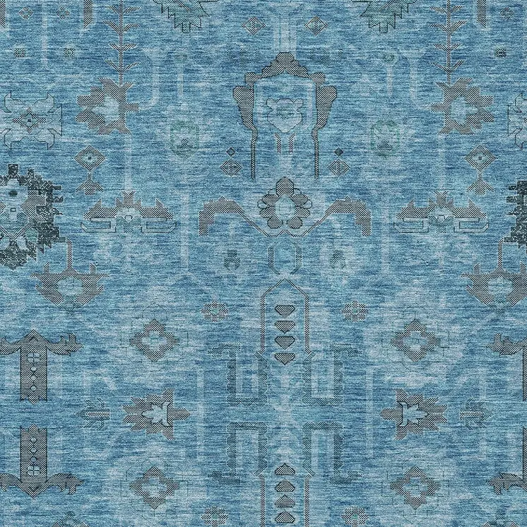 9' X 12' Sky Blue And Gray Oriental Washable Indoor Outdoor Area Rug