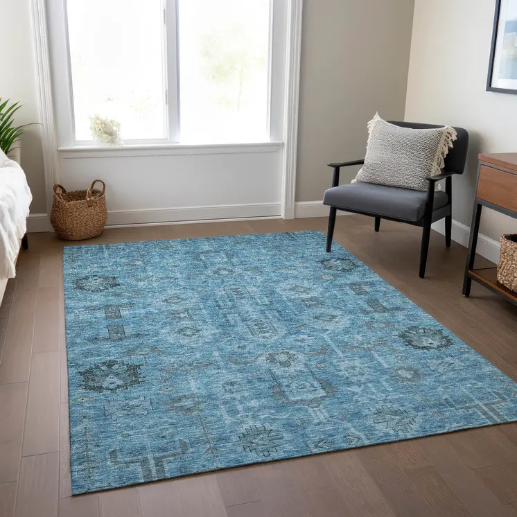 9' X 12' Sky Blue And Gray Oriental Washable Indoor Outdoor Area Rug