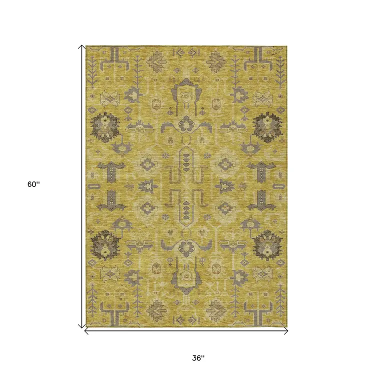 3' X 5' Gold Wheat And Gray Oriental Washable Indoor Outdoor Area Rug